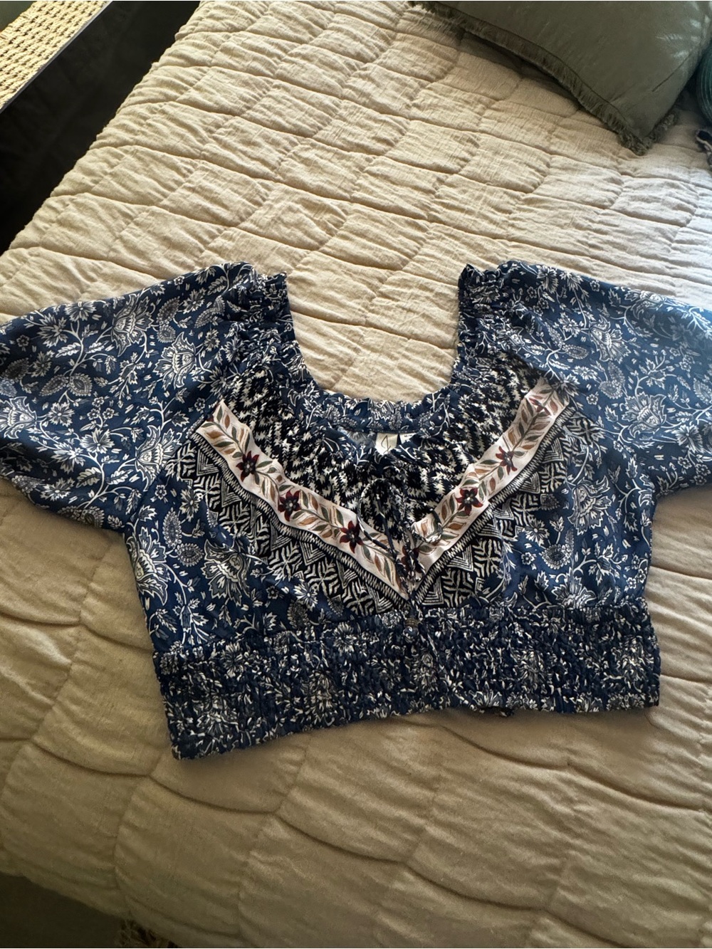 Joie Boho Smocked Crop Top Blue Floral Peasant Festival Top Medium
